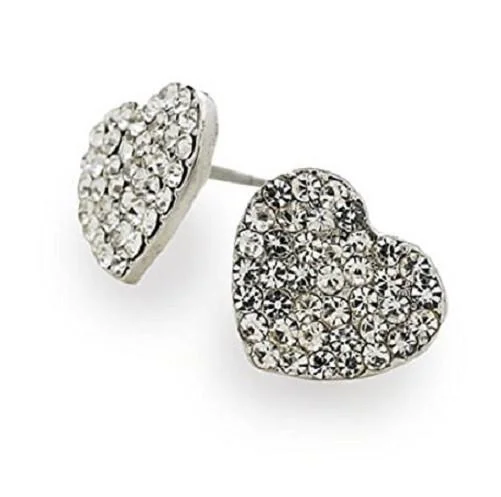 Stud Earrings with Filigree -Designer Style Silver and Crystal Diamante 'Sparkle Heart' Stud Earrings