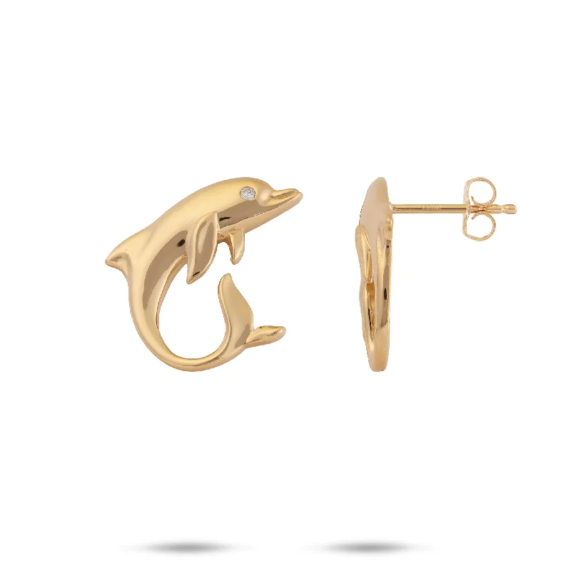 Short Drop Earrings for Subtle -Ocean Dance Dolphin Earrings in Gold with Diamonds - 18mm