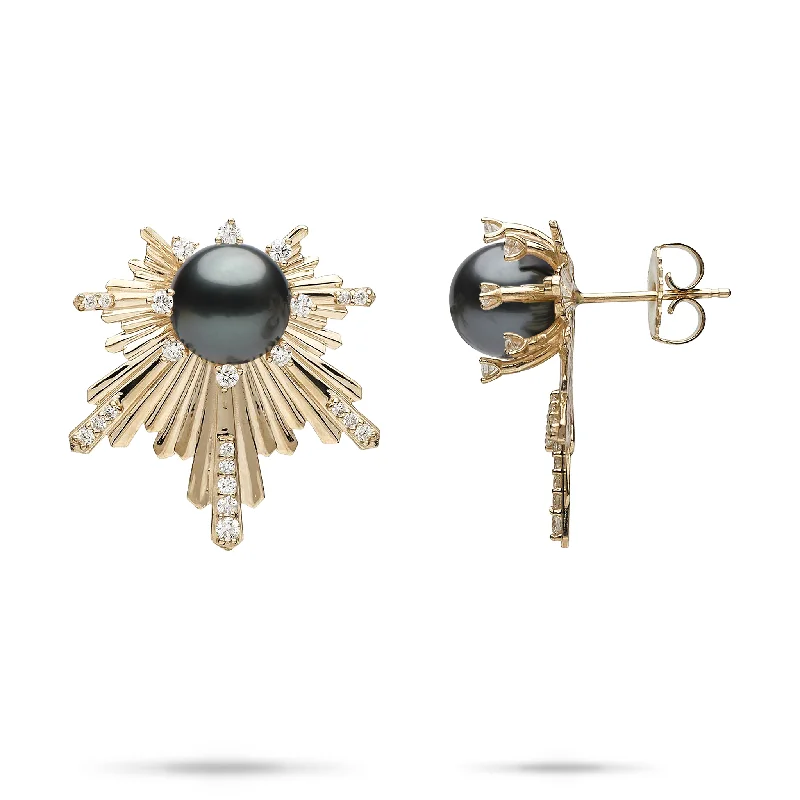 Square Drop Earrings for Modern -E Hoʻāla Tahitian Black Pearl Earrings in Gold with Diamonds - 23mm