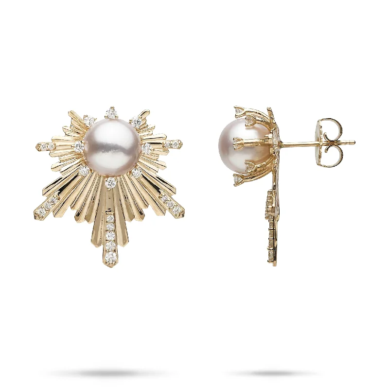 Heart Shaped Drop Earrings for Love -E Hoʻāla Akoya Pearl Earrings in Gold with Diamonds - 23mm