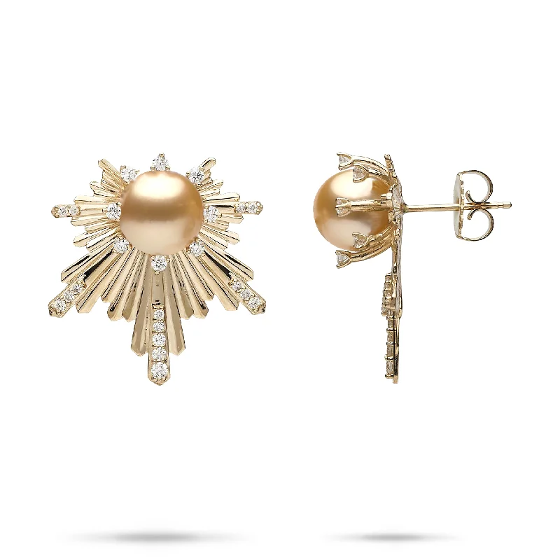 Oval Drop Earrings for Grace -E Hoʻāla South Sea Gold Pearl Earrings in Gold with Diamonds - 23mm