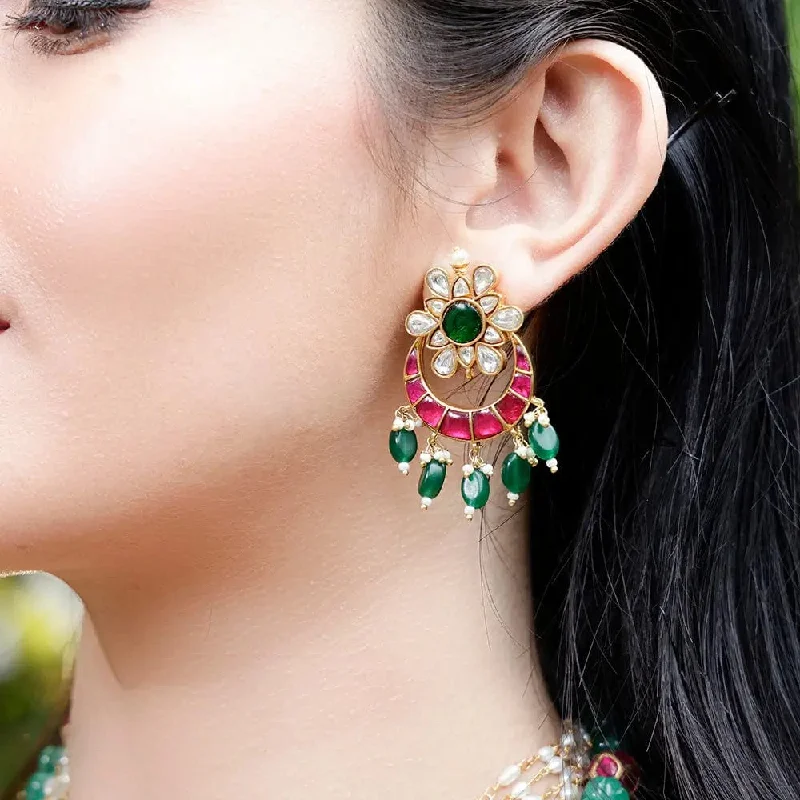 Drop Earrings with Knot Designs -Silver Kundan Chandbali With Green Drops