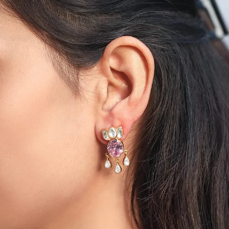 Drop Earrings for School Uniform -Pink Zircon With Polki Lotus Silver Earring