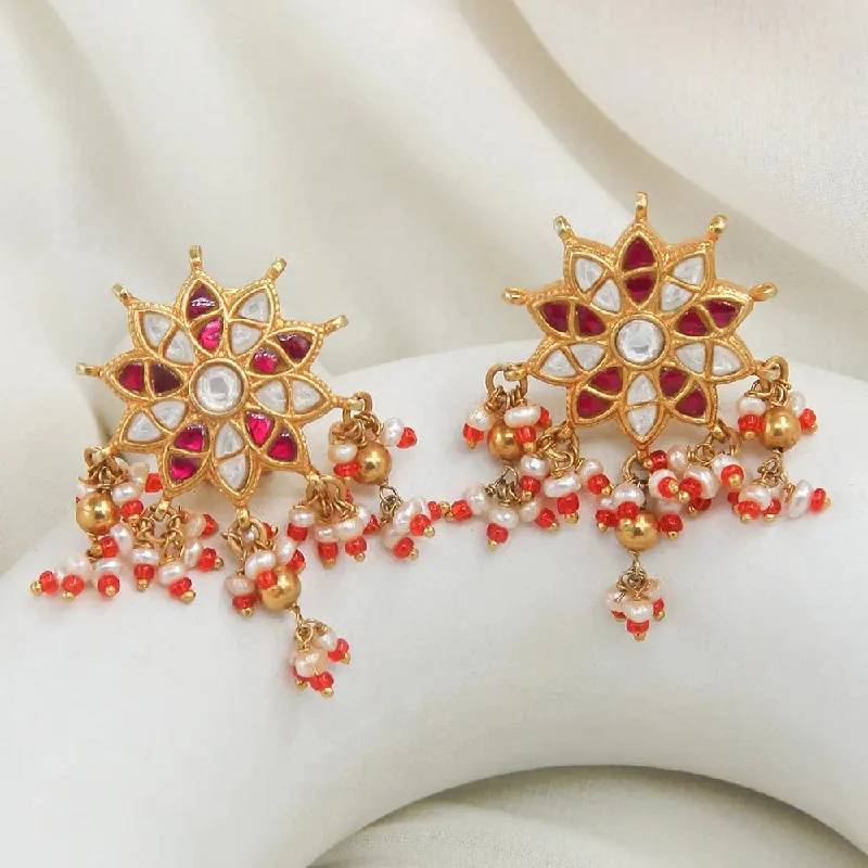 Punk Drop Earrings with Spikes -Red kundan 92.5 silver stud with long bead hangings