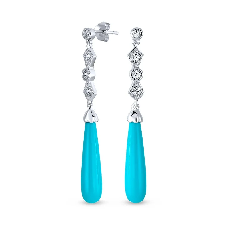 Screw Back Drop Earrings for Security -Elegant Dangle Gemstone Earrings with CZ and Turquoise in Sterling Silver