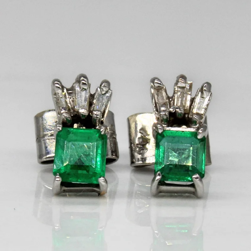 Magnetic Closure Stud Earrings for Easy -Emerald & Diamond Stud Earrings | 0.40ctw, 0.06ctw |