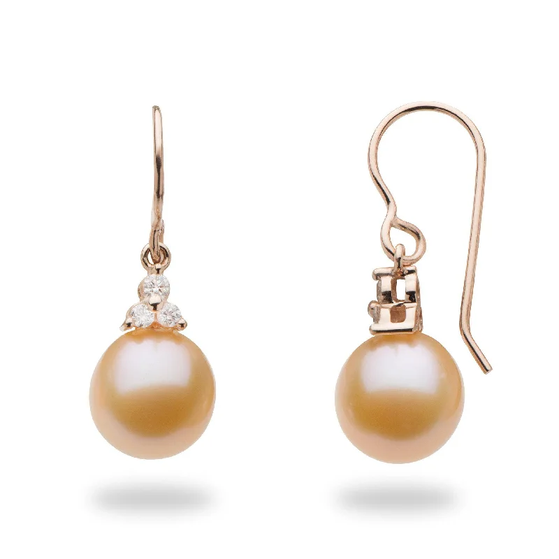 Lightweight Drop Earrings for All Day -Peach Freshwater Pearl Earrings in Rose Gold with Diamonds - 9-10mm