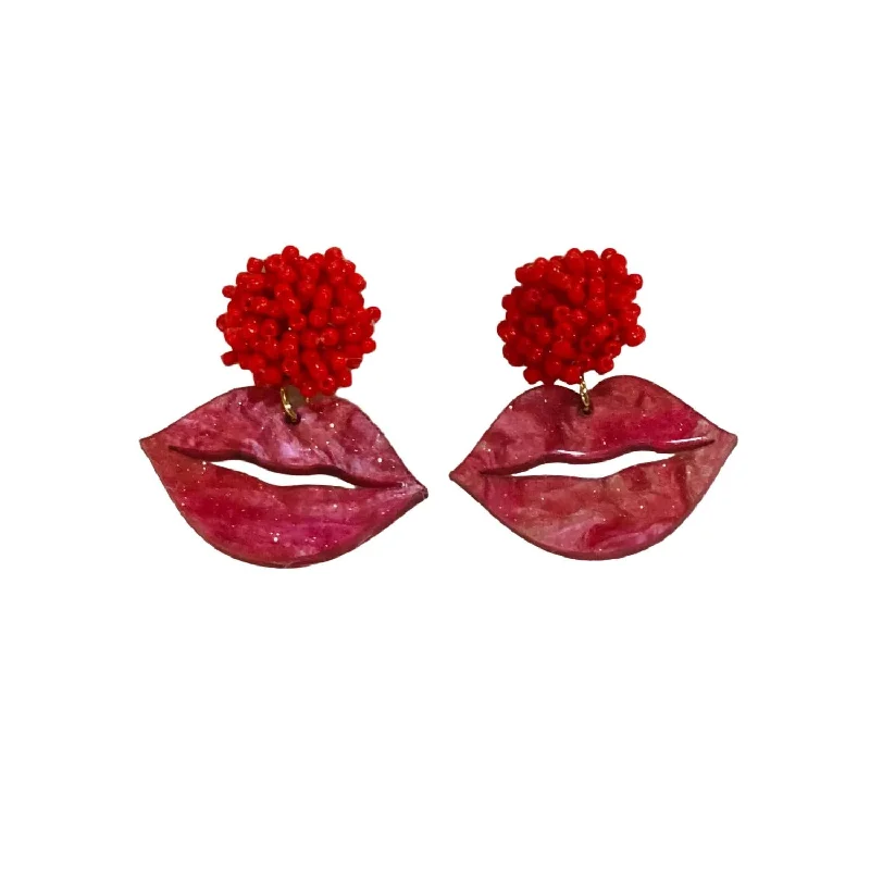 Small Stud Earrings for Delicate -Frosted Lip Earrings With Seed Bead Topper In Red