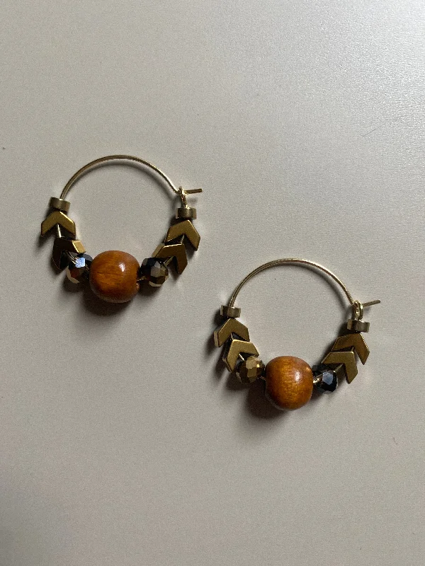 Pearl Drop Earrings for Elegance -FRTE15 - Gold plated hoop earrings, with crystal, Hematite and dyed wood focal