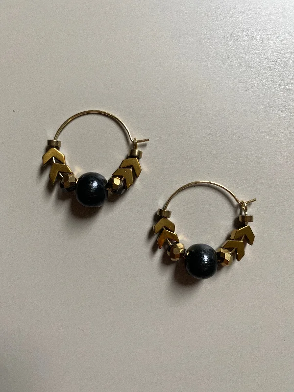 Diamond Drop Earrings for Luxury -FRTE16 - Gold plated hoop earrings, with crystal, Hematite and painted wood focal