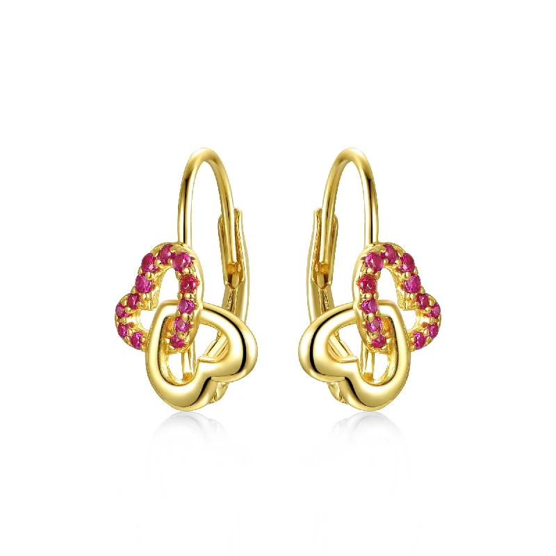 African Stud Earrings with Culture -Ga Kids/teen Sterling Silver 14k Yellow Gold Plated With Ruby & Diamond Double Heart Halo Drop Leverback Earrings.