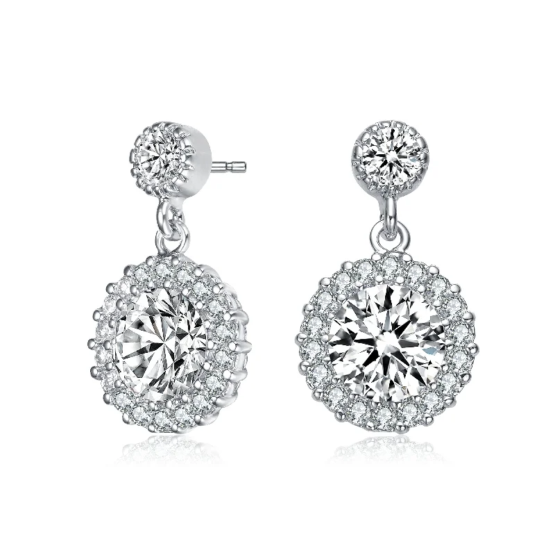 Double Stud Earrings for Impact -Ga Sterling Silver With Rhodium Plated Clear Round Cubic Zirconia Halo Tier Earrings