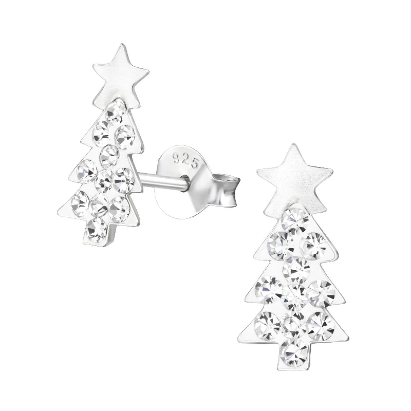 Magnetic Closure Stud Earrings for Easy -Children's Sterling Silver Sparkly Christmas Tree Stud Earrings