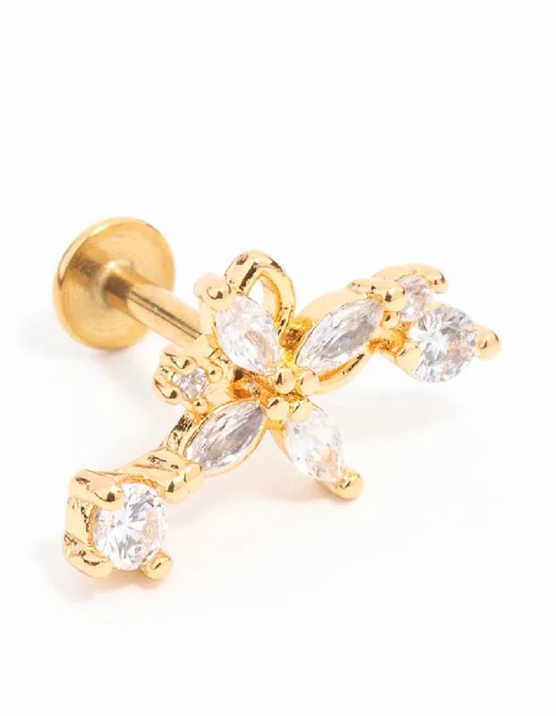 Drop Earrings for Party Look -Gold Plated Surgical Steel Flower With Single Cubic Zirconia Flatback