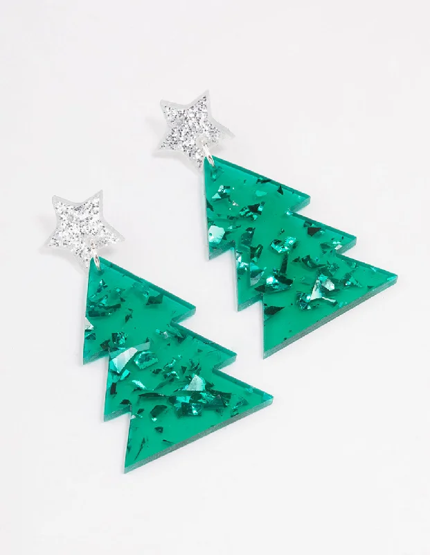 Vintage Drop Earrings with Patina -Green Acrylic With Silver Star Tree Earrings