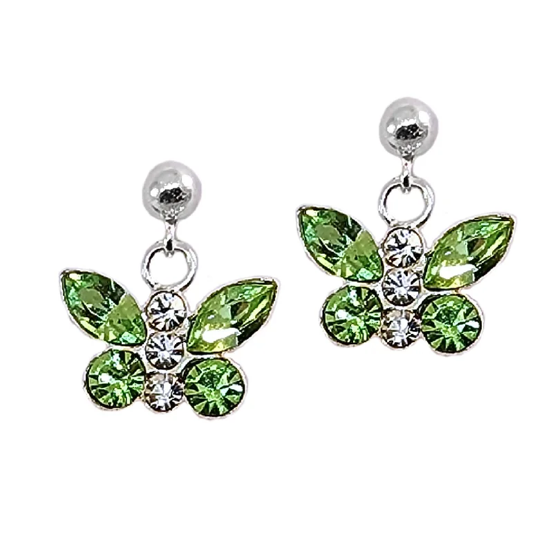 Long Drop Earrings for Dramatic -Green Butterfly Earrings with Highest Quality Crystals Sterling Silver Ball Post Backs