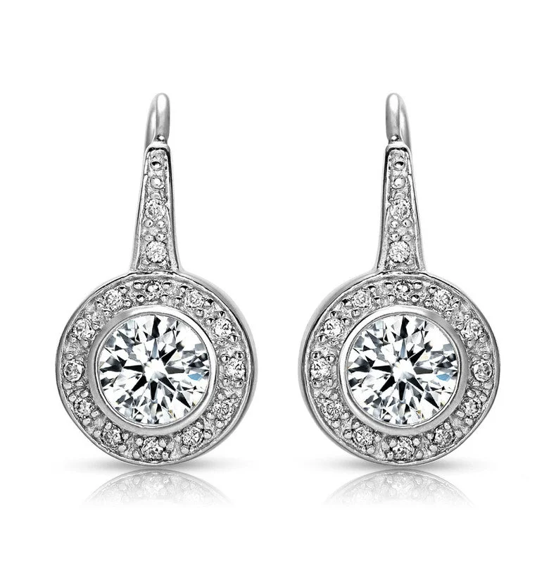 Silver Stud Earrings for Men -Halo Dangle Earrings with bezel Set Round Cubic Zirconia