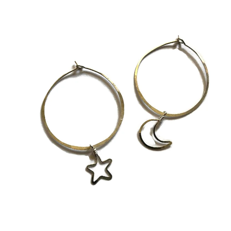 Hypoallergenic Drop Earrings for Sensitive -Hammered Hoop Earrings with Crescent Moon & Star