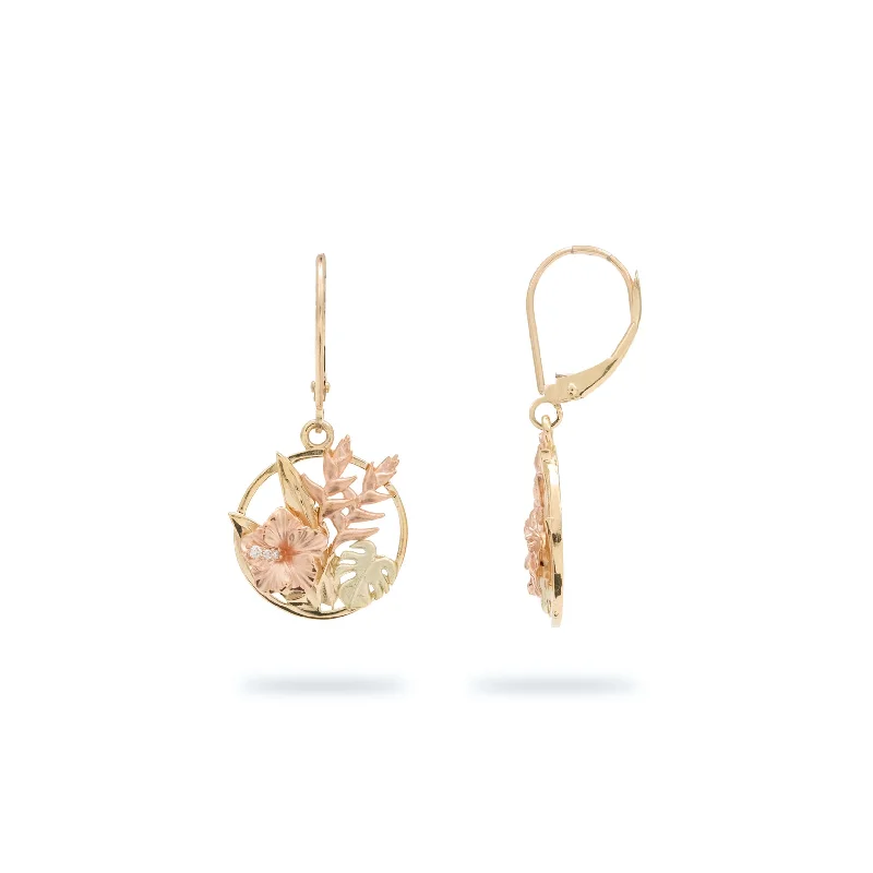 Drop Earrings for Wellness Routine -Hawaiian Gardens Hibiscus Earrings in Tri Color Gold with Diamonds - 15mm