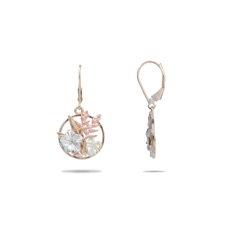 Drop Earrings with Floral Motifs -Hawaiian Gardens Hibiscus Earrings in Multi Color Gold with Diamonds - 15mm