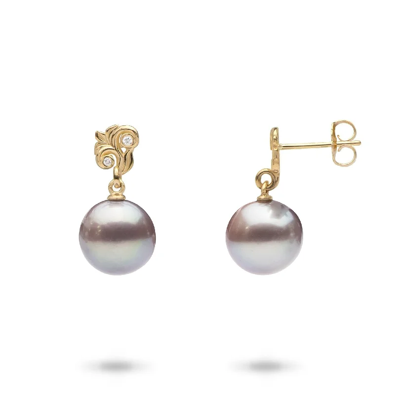 Drop Earrings for Party Look -Living Heirloom Freshwater Pearl Earrings in Gold with Diamonds - 10-11mm