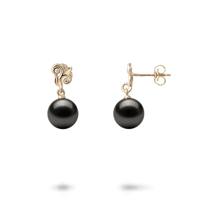 Drop Earrings for Anniversary -Living Heirloom Tahitian Black Pearl Earrings in Gold with Diamonds - 8-9mm