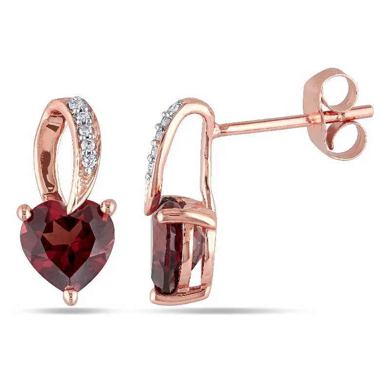 Stud Earrings with Embossed Patterns -Heart Shaped Garnet Earrings with Diamonds in 10k Rose Gold