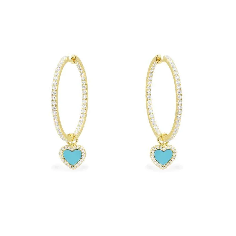 Maximalist Drop Earrings for Bling -Hoop Earrings with Lagoon Blue Heart - Yellow Silver