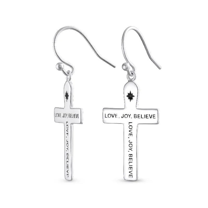 Nickel Free Drop Earrings for Safety -Inspirational Love Joy Believe Dangle Earrings with Religious Cross Sterling Silver