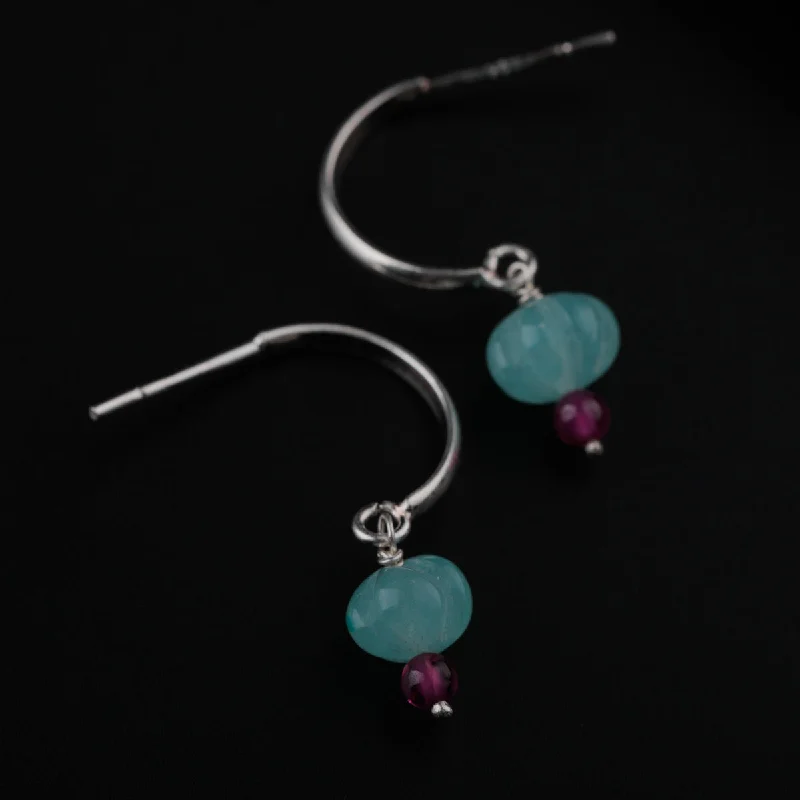 Studded Drop Earrings with Gemstones -Jade Silver Earring with Ruby Stone