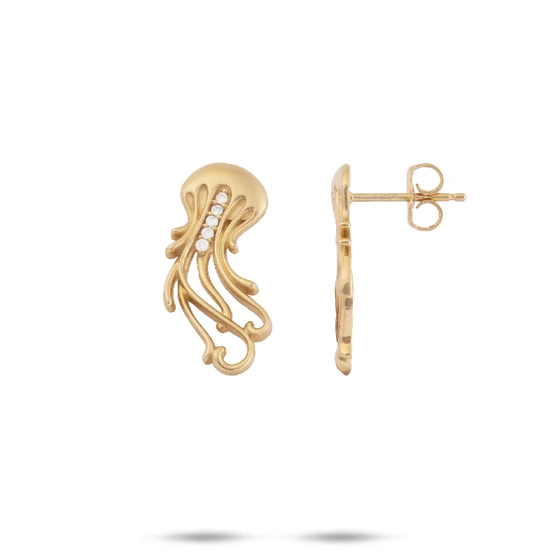 Round Drop Earrings for Classic -Ocean Dance Jellyfish Earrings in Gold with Diamonds - 20mm