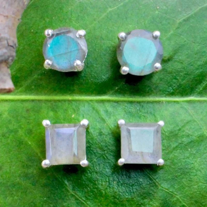 Stud Earrings for Work Attire -Labradorite Stud Earrings - Faceted - Sterling Silver