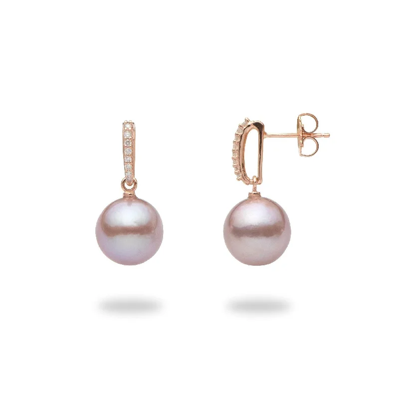 Minimalist Drop Earrings with Simplicity -Lilac Freshwater Pearl Earrings in Rose Gold with Diamonds - 11-12mm