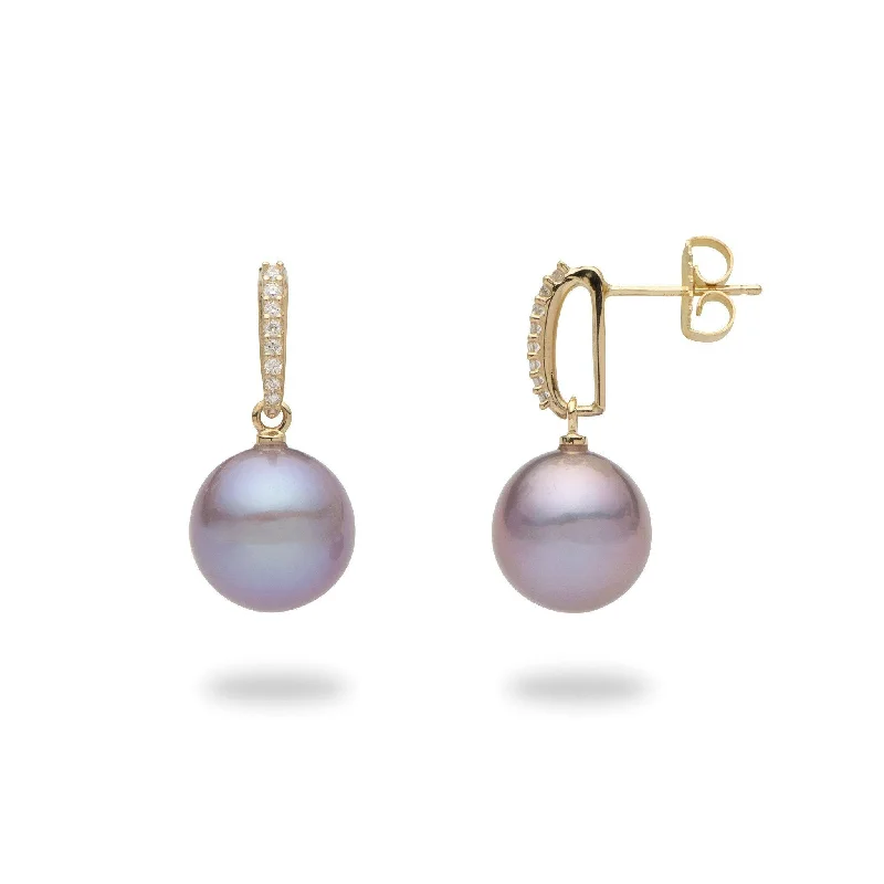 Nickel Free Drop Earrings for Safety -Lilac Freshwater Pearl Earrings in Gold with Diamonds - 11-12mm