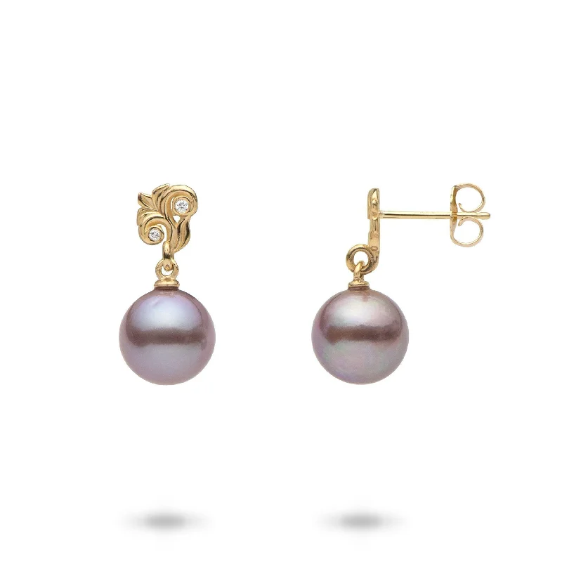 Drop Earrings for Birthday Celebration -Living Heirloom Lilac Freshwater Pearl Earrings in Gold with Diamonds - 8mm