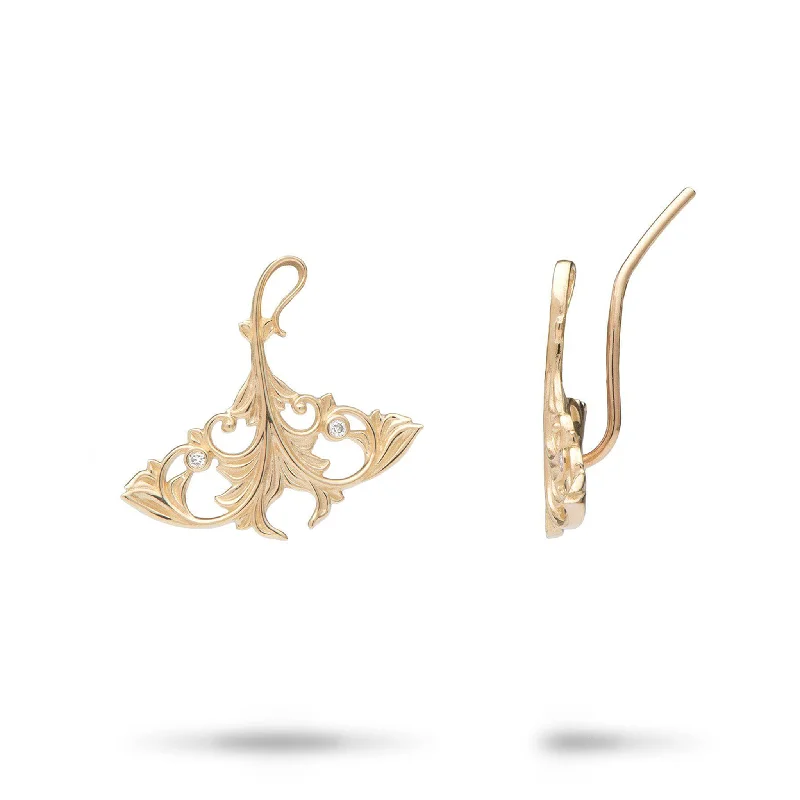 Drop Earrings with Wave Designs -Living Heirloom Manta Ray Climber Earrings in Gold with Diamonds - 20mm