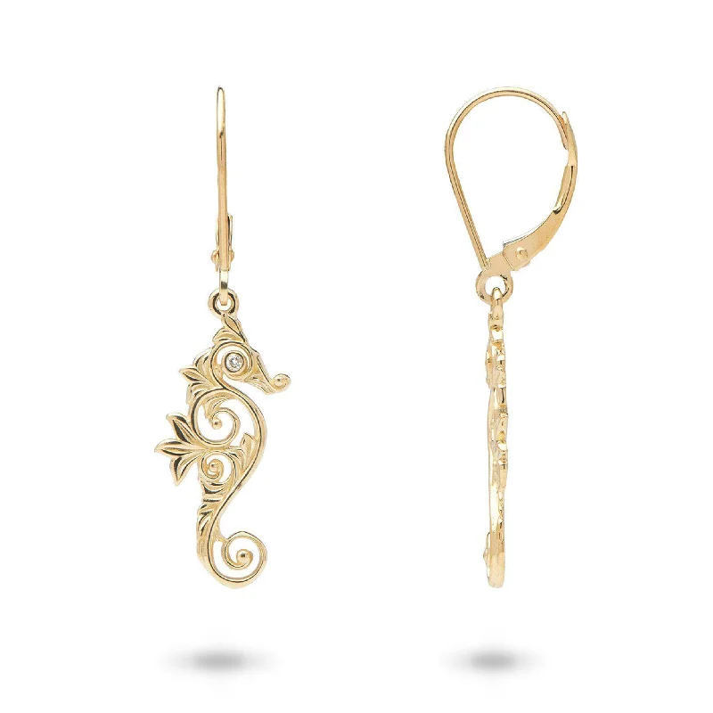 Drop Earrings for Valentine's Day -Living Heirloom Seahorse Earrings in Gold with Diamonds - 22mm