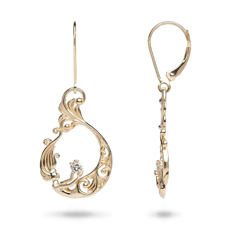 Drop Earrings for Graduation Day -Living Heirloom Mermaid Earrings in Gold with Diamonds - 25mm