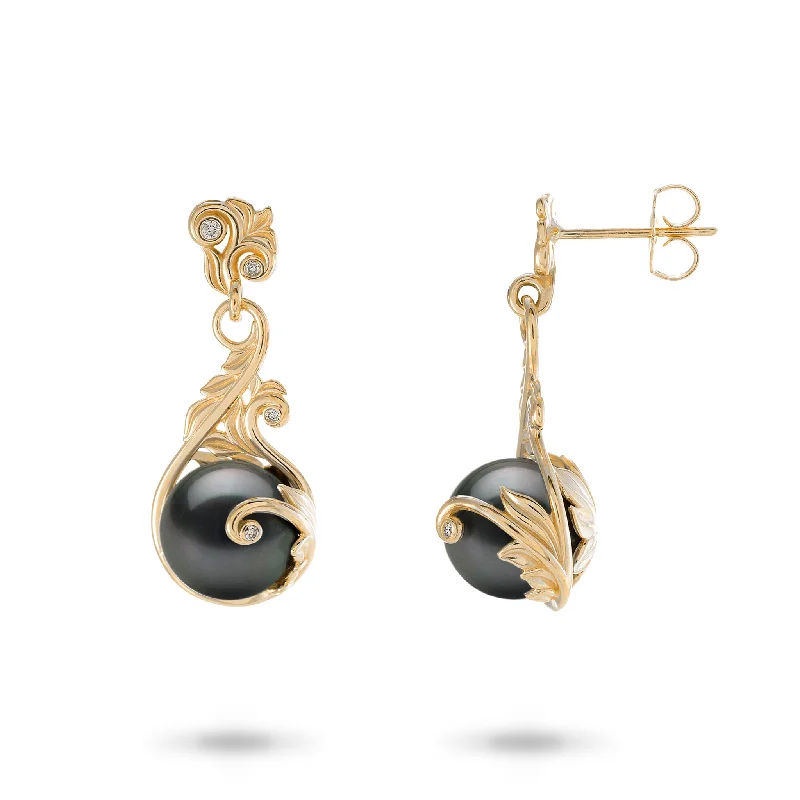 Drop Earrings for Beach Outfit -Living Heirloom Tahitian Black Pearl Earrings in Gold with Diamonds - 9-10mm