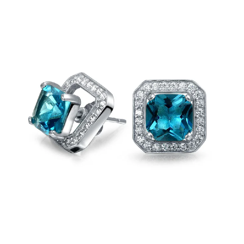 Star Shaped Drop Earrings for Charm -London Blue CZ Halo Square Earring Jacket with Princess Cut Studs in Silver