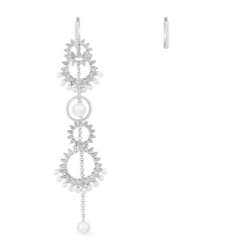 Drop Earrings with Star Motifs -Long Asymmetric Sun Pendant Earring with Pearls and Hoop - White Silver