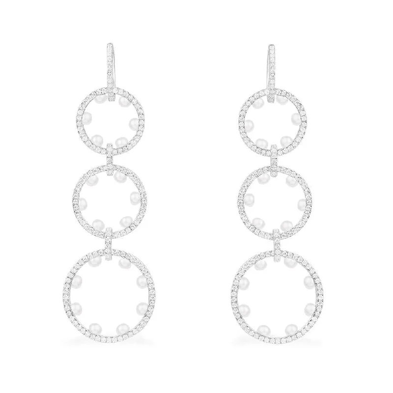 Adjustable Drop Earrings for Custom Fit -Long Pavé Hoop Earrings with Pearls - Silver