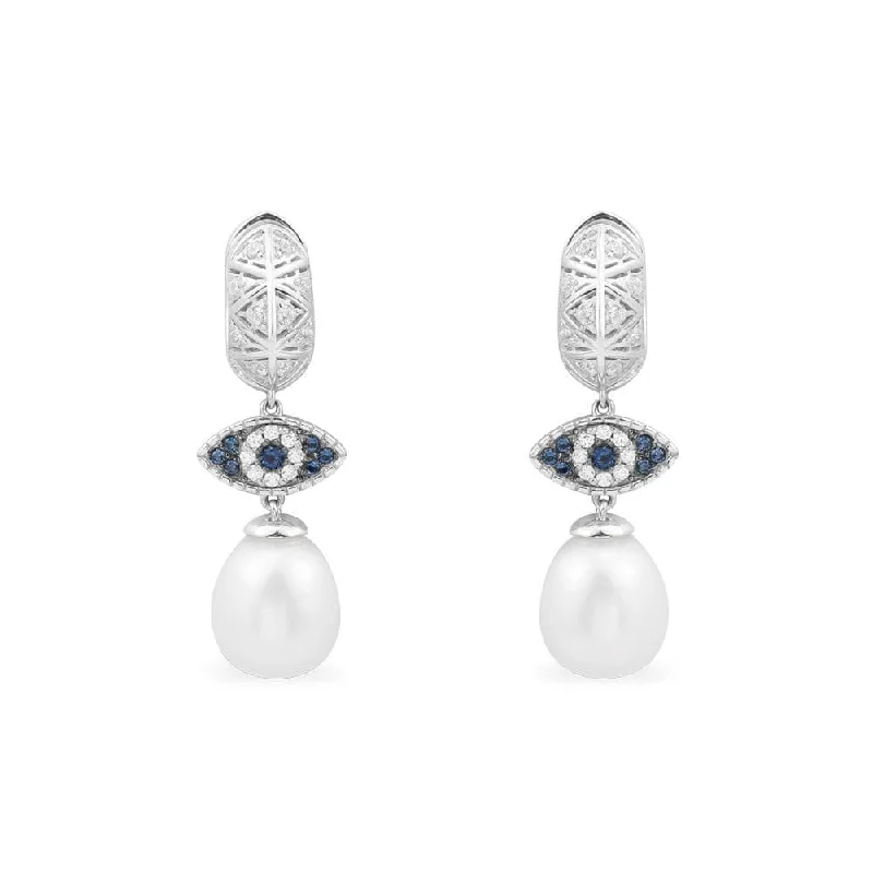 Floral Drop Earrings with Petals -Lucky Eye Earrings With Pearls - White Silver