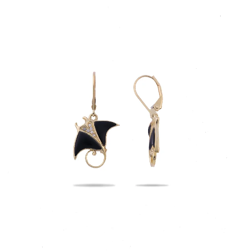 Drop Earrings for Office Wear -Sealife Manta Ray Black Coral Earrings in Gold with Diamonds - 20mm