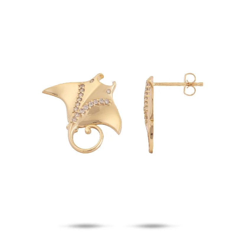 Drop Earrings with Textured Surface -Ocean Dance Manta Ray Earrings in Gold with Diamonds - 19mm