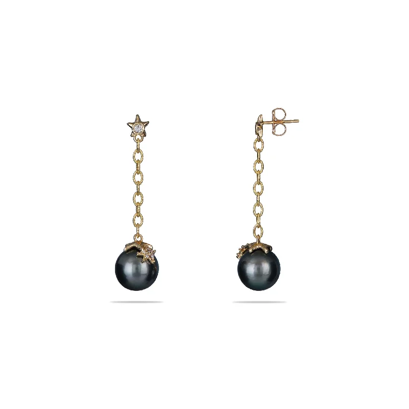 Drop Earrings with Filigree Work -Reefs Starfish Tahitian Black Pearl Earrings in Gold with Diamonds - 10-11mm