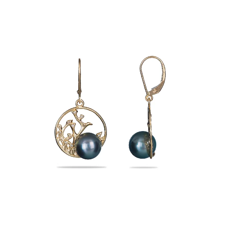 Gemstone and Diamond Drop Earrings for Opulence -Reefs Tahitian Black Pearl Earrings in Gold with Diamonds - 9-10mm