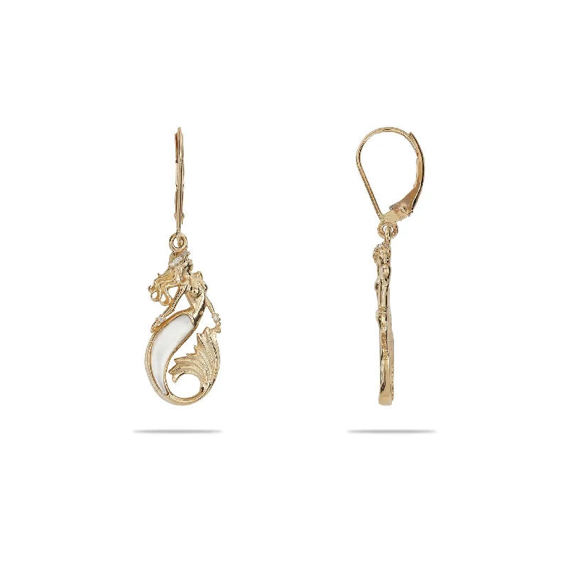 Drop Earrings for School Uniform -Sealife Mermaid Mother of Pearl Earrings in Gold with Diamonds - 24mm