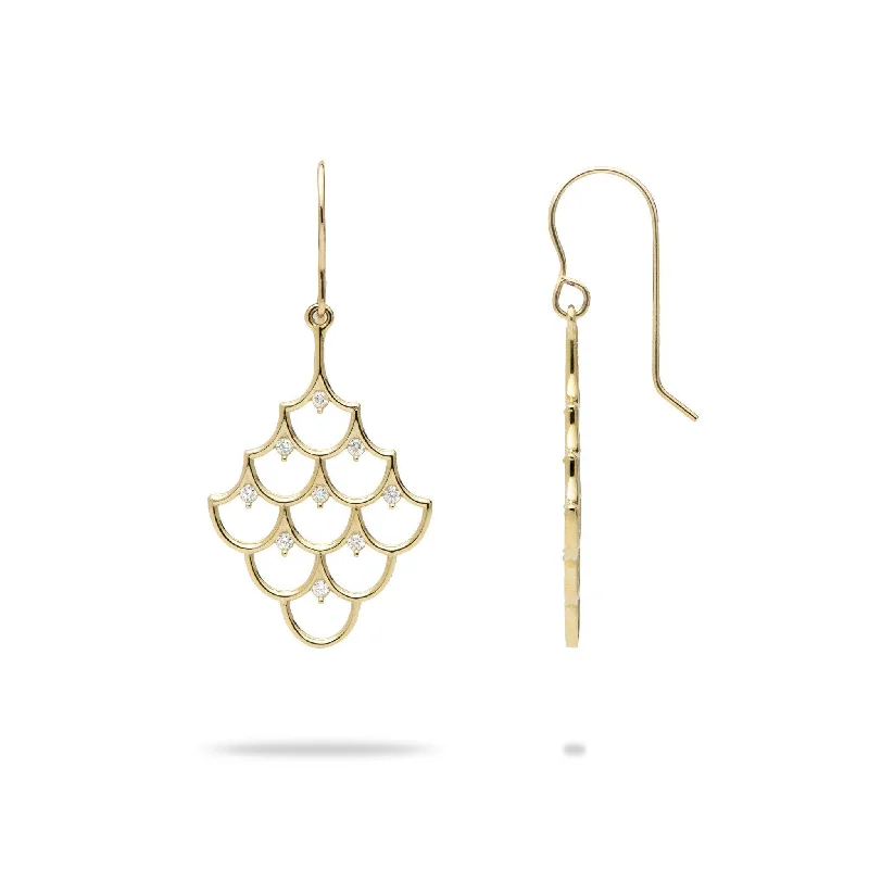 Drop Earrings with Textured Surface -Mermaid Scales Earrings in Gold with Diamonds - 25mm