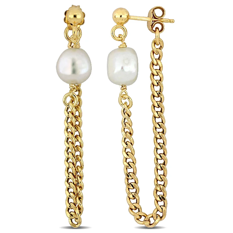 Stud Earrings for Casual Outfit -Mimi & Max 8-8.5mm Cultured Freshwater Pearl Earrings with Curb Chain in Yellow Gold Plated Sterling Silver